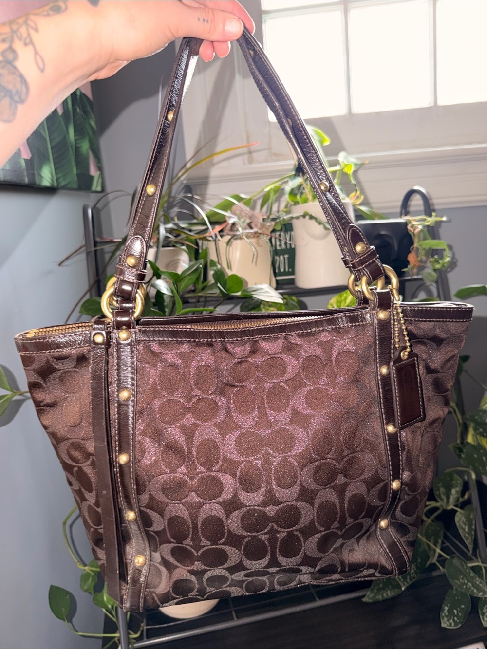Madison Maggie Brown/purple Metallic Lurex Studded Tote Bag
